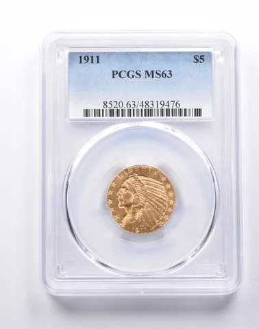 MS63 1911 $5 Indian Head Gold Half Eagle PCGS *1475
