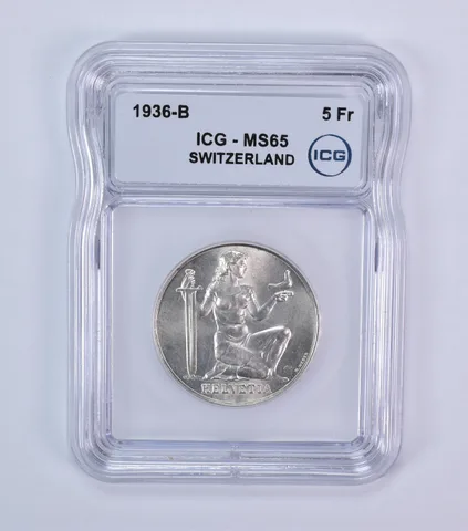 1936 B Switzerland 5 Francs MS65 ICG *7958