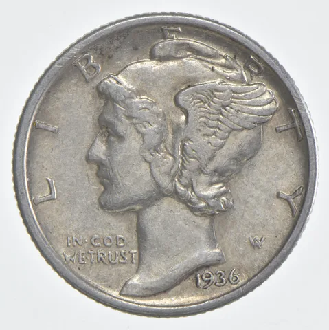 1936-S Mercury Dime 90% Silver AU Almost Unc