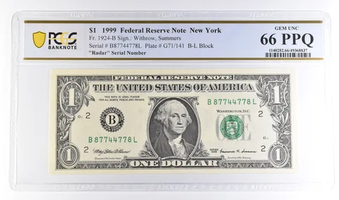 1999 $1 New York NY FRN Fr#1924-B Radar Serial Gem Unc 66 PPQ PCGS *6114