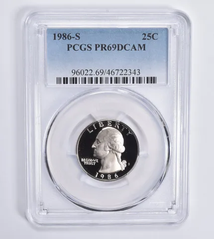 1986-S Washington Quarter 25c PR69 DCAM PCGS Blue Lbl