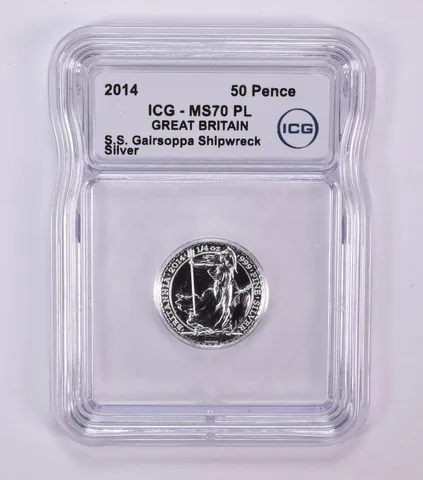 2014 Great Britain 50 Pence Silver SS Gairsoppa Shipwreck 1/4 Oz MS70 PL ICG