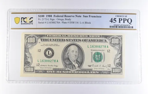 1988 $100 San Francisco CA FRN Fr#2172-L Choice XF 45 PPQ PCGS *8274