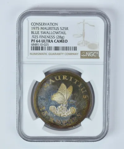 PF64 1975 Mauritius Silver 25 Rupees Blue Swallowtail NGC Beautiful Tone *5312