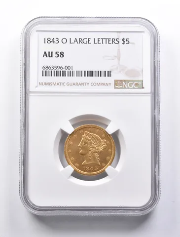 AU58 1843-O $5 Liberty Head Gold Half Eagle Large Letters NGC a1300
