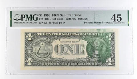 1993 $1 San Francisco FRN Solvent Smear Error Fr#1918-L Choice XF 45 PMG *9511