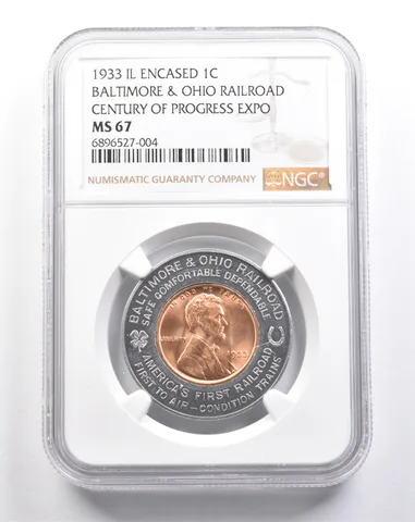 1933 IL Encased Cent B&O Railroad Century Of Progress Expo MS67 NGC a4871