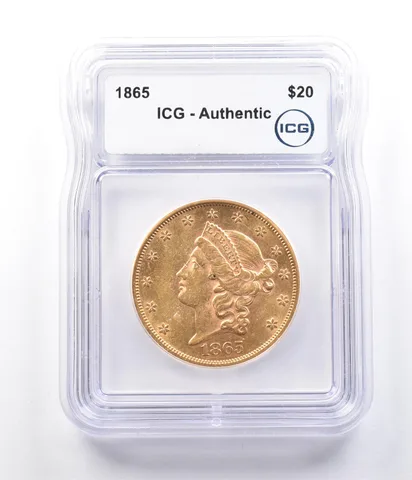 1865 $20 Liberty Head Gold Double Eagle Authentic ICG a2891