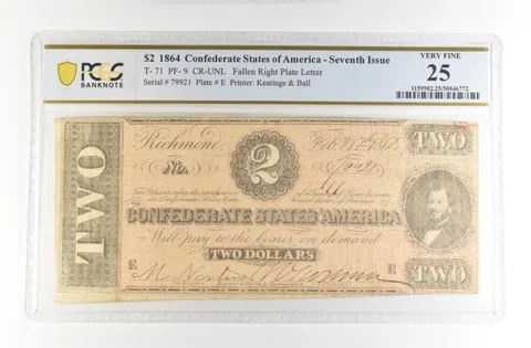 1864 $2 Confederate States America Large Note T-71 PF-9 CR-UNL VF 25 PCGS *4188