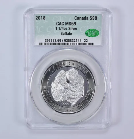 2018 Canada 8 Dollars Silver Buffalo 1 1/4 Oz 1.25 Oz Silver MS69 CAC CACg