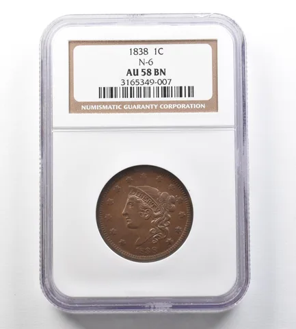 1838 Coronet Head Large Cent N-6 AU58 BN NGC a3450
