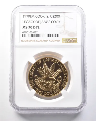 1979 FM Cook Islands 200 Dollars Gold Legacy Of James Cook MS70 DPL NGC *5372