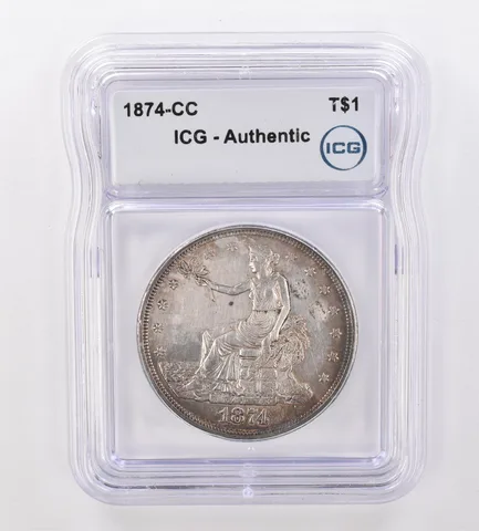 1874-CC Seated Liberty Trade Dollar Authentic ICG Beautiful Tone a8567