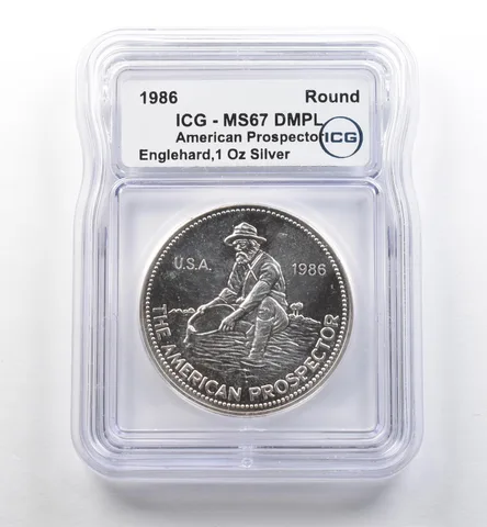 1986 Engelhard 1 Oz Silver American Prospector Eagle Reverse MS67 DMPL ICG *7477