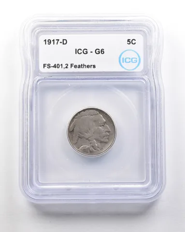 1917-D Indian Head Buffalo Nickel Mint Error FS-401 2 Feathers G6 ICG *1676