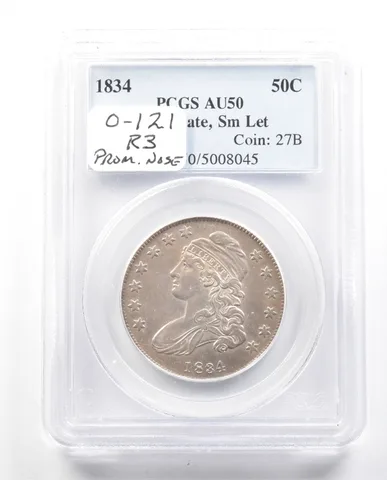 1834 Bust Half Dollar Small Date/ Letters AU50 PCGS O-121 R3 Prom Nose a2315