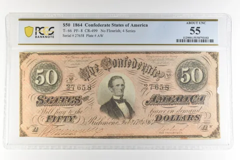 1864 $50 Confederate States America T-66 PF-8 CR-499 AU 55 PCGS *4423
