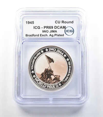 1945 Iwo Jima Copper Round WW II Bradford Exchange PR69 DCAM ICG *0504