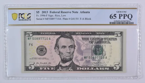 2013 $5 Atlanta GA FRN Fr#1996-F Gem Unc 65 PPQ PCGS