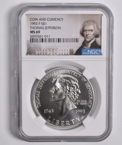 1993-P Jefferson Commem. Silver Dollar Coin & Currency MS69 NGC Face Lbl