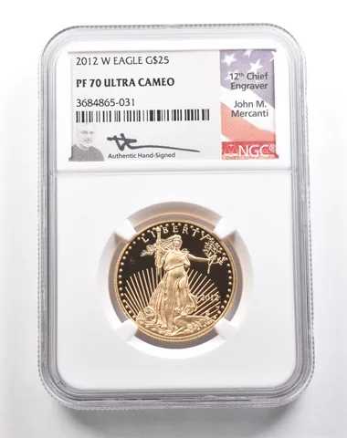 2012-W $25 American Gold Eagle Mercanti 1/2 Oz Gold PF70 UCAM NGC a5453