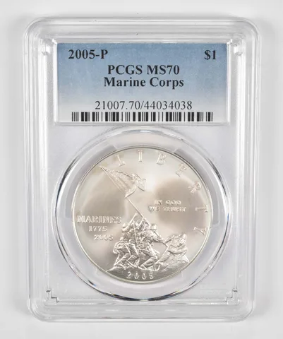 2005-P Marine Corps Commemorative Silver Dollar MS70 PCGS Blue Label