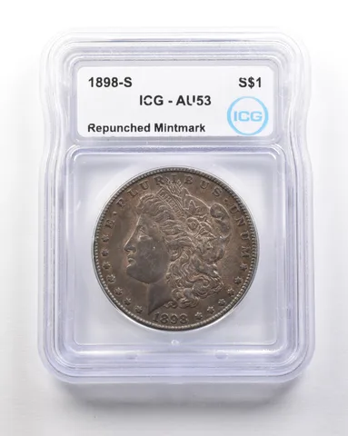 1898-S Morgan Silver Dollar Mint Error Repunched Mintmark AU53 ICG a1663