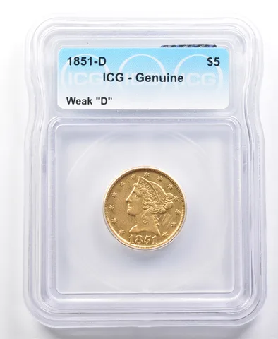 1851-D $5 Liberty Head Gold Half Eagle Weak D Genuine ICG *2013