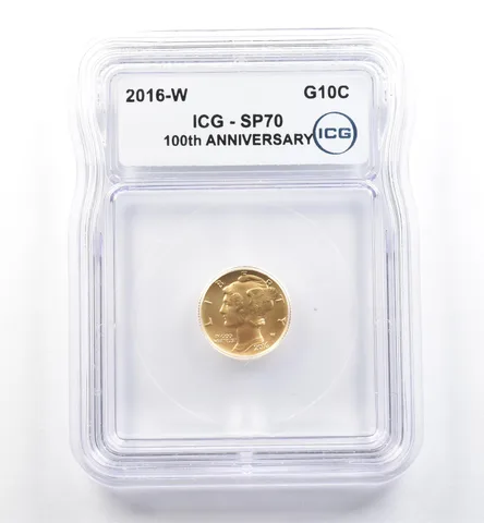 2016-W 10c Gold Mercury Dime 1/10 Oz 24K SP70 ICG