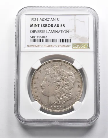 Mint Error AU58 1921 Morgan Silver Dollar OBV Lamination NGC *1974