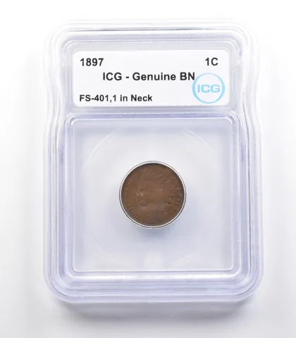 1897 Indian Head Cent Mint Error FS-401 1 In Neck Genuine BN ICG *2334