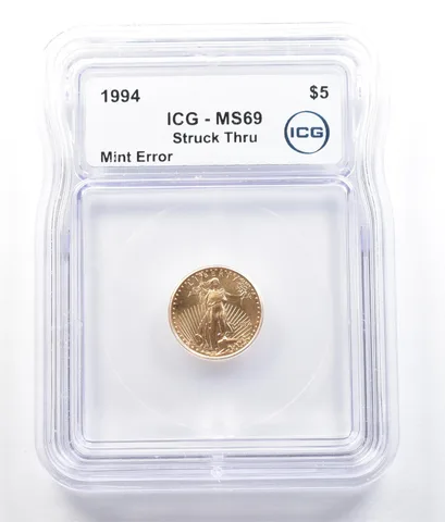 1994 $5 American Gold Eagle Mint Error Struck Thru 1/10 Oz Gold MS69 ICG *5203