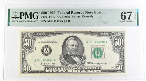 1969 $50 Boston MA US FRN Fr#2114-A 67 Superb Gem Unc EPQ PMG *8492