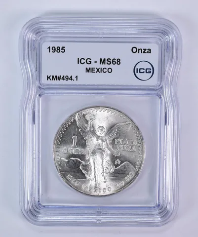 1985 Mo Mexico 1 Onza Silver Libertad KM#494.1 MS68 ICG