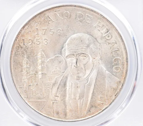 1953 Mo Mexico 5 Pesos Silver Hidalgo Bicentennial KM-468 MS66 PCGS Toned *2568