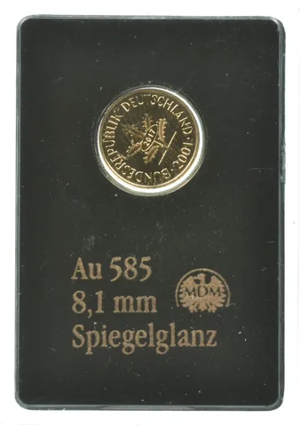 2001 Germany 1 Pfennig .585 Gold 8,1mm Spiegelgianz MDM *2501