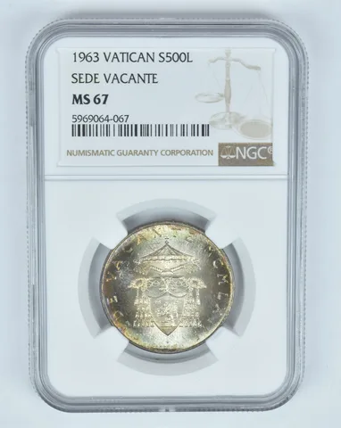 MS67 1963 Vatican 500 Lire Silver - Sede Vacante NGC- INSANE Tone *8879