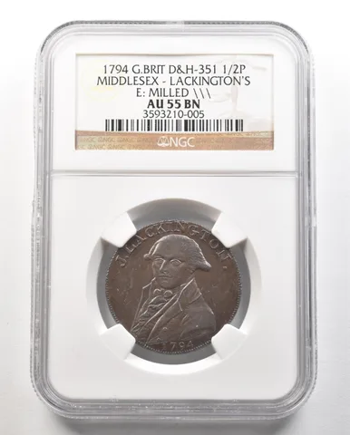 1794 G. Britain D&H-351 1/2 Penny Middlesex-Lackingtons Milled AU55 BN NGC *4742