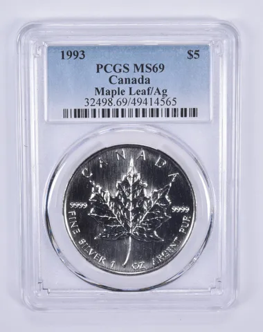 1993 Canada 5 Dollars Silver Maple Leaf MS69 PCGS Blue Label