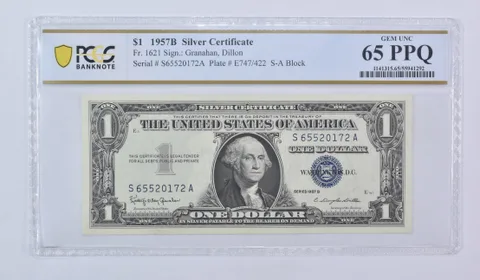 1957 B $1 Silver Certificate Fr#1621 Gem Unc 65 PPQ PCGS