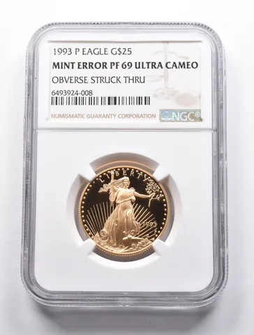 ERROR PF69UCAM 1993-P $25 American Gold Eagle 1/2oz Gold OBV Strk Thru NGC *9484