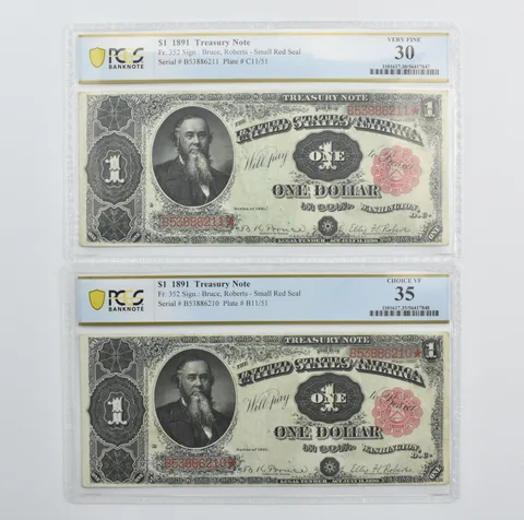 Lot (2) 1891 $1 Treasury Note Fr#352 Very Fine 30 PCGS Consecutive *4228