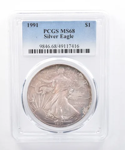 1991 American Silver Eagle MS68 PCGS Iridescent Tone *8406