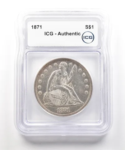1871 Seated Liberty Silver Dollar Authentic ICG a4317