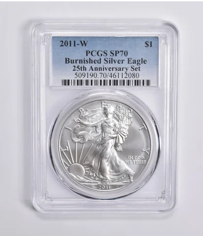 2011-W BURNISHED SILVER EAGLE 25th Anniversary Set SP70 PCGS Blue Lbl