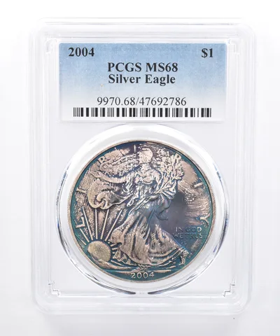 2004 American Silver Eagle MS68 PCGS Blue/Green Tone *8465