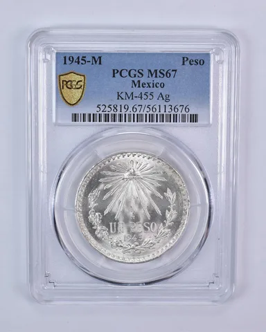 1945 M Mexico Peso Silver KM-455 MS67 PCGS Blue Label
