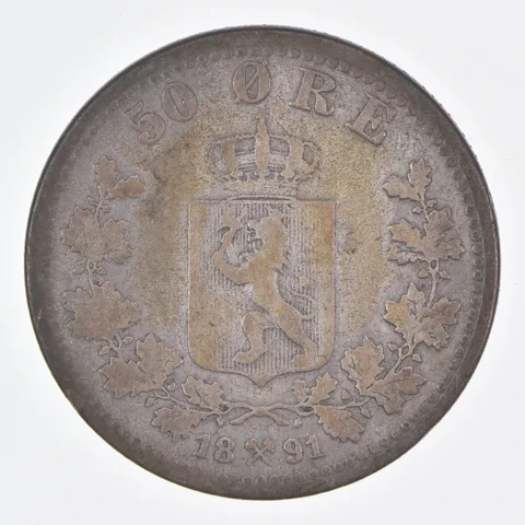 Better Date - 1891 Norway 50 Ore World Coin- Silver *394