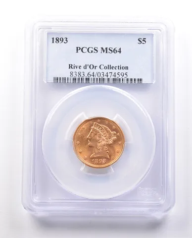 1893 $5 Liberty Head Gold Half Eagle River d'Or Collection MS64 PCGS a0043