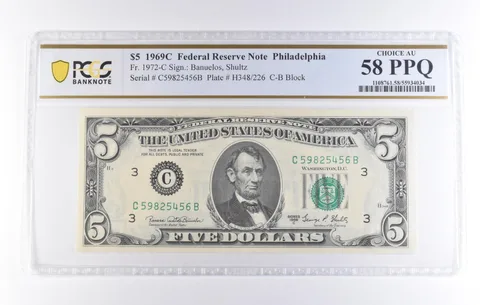 1969 C $5 Philadelphia PA FRN Fr#1972-C Choice AU 58 PPQ PCGS *8306